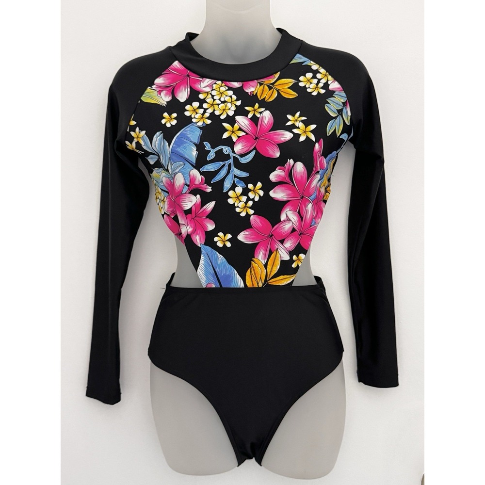 TOP MELON Swimsuit Womens M Black 1-Piece Long Sleeve Padded Surf Swim Baywatch